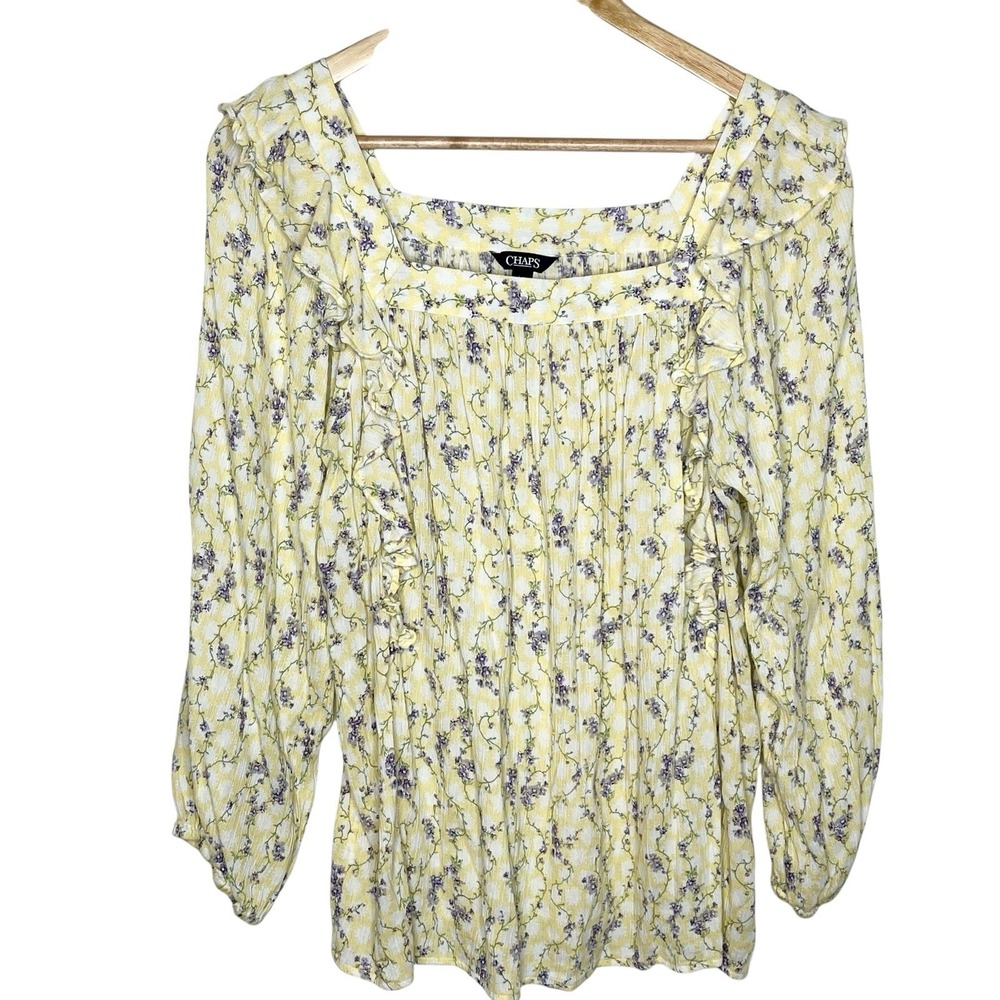 Butter Yellow Floral Ruffled Top Womens L Chaps Peasant Cottagecore Fairy